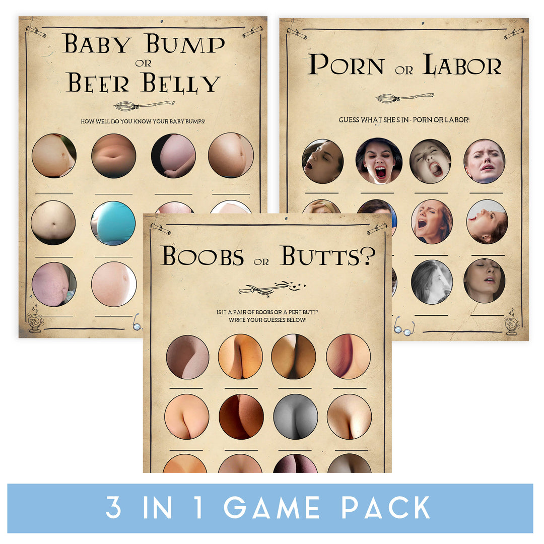labor or porn, baby bump or beer belly, boobs or butts game, Wizard baby shower games, printable baby shower games, Harry Potter baby games, Harry Potter baby shower, fun baby shower games,  fun baby ideas