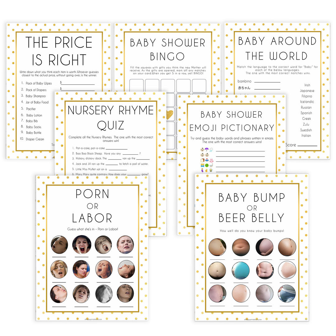7 baby shower games, baby bundle pack, Printable baby shower games, baby gold dots fun baby games, baby shower games, fun baby shower ideas, top baby shower ideas, gold glitter shower baby shower, friends baby shower ideas