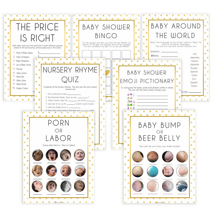 7 baby shower games, baby bundle pack, Printable baby shower games, baby gold dots fun baby games, baby shower games, fun baby shower ideas, top baby shower ideas, gold glitter shower baby shower, friends baby shower ideas