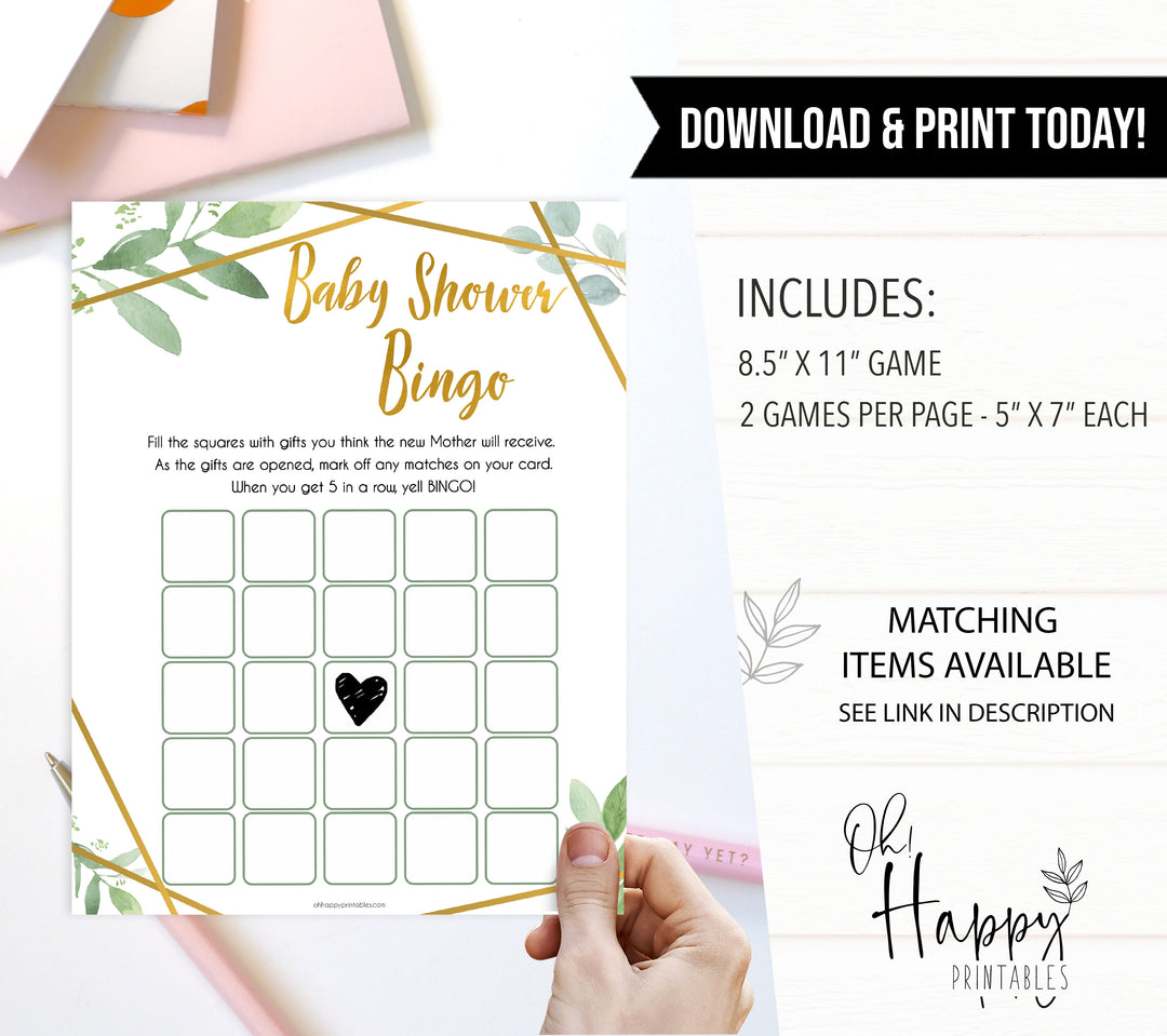 gold geometric baby shower bingo baby shower games, printable baby shower games, fun baby games, popular baby games, gold baby games