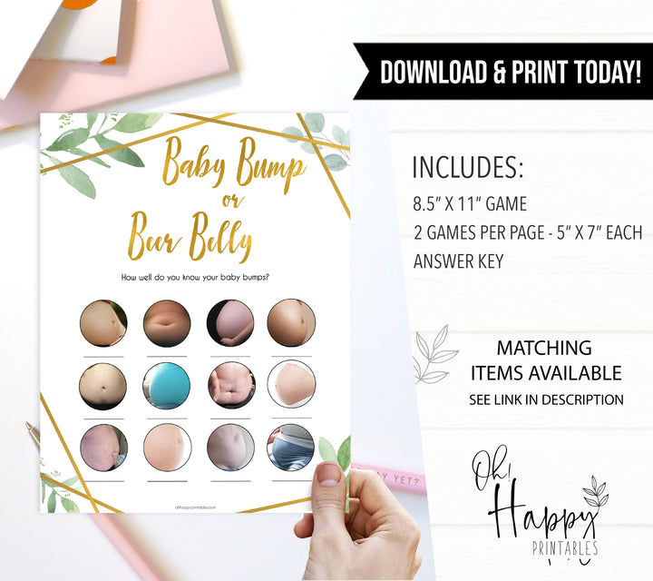 gold geometric baby bump or beer belly baby shower games, printable baby shower games, fun baby games, popular baby games, gold baby games