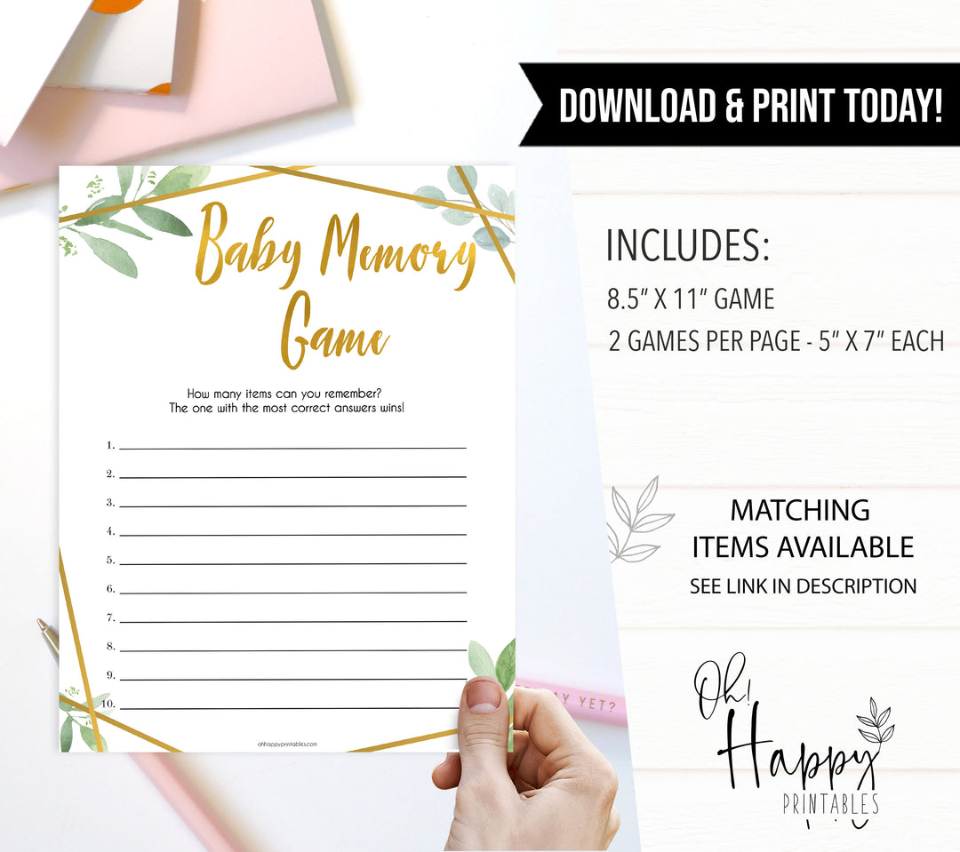 gold geometric baby memory game, baby shower games, printable baby shower games, fun baby games, popular baby games, gold baby games