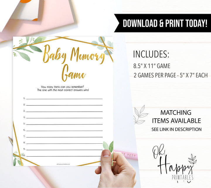 gold geometric baby memory game, baby shower games, printable baby shower games, fun baby games, popular baby games, gold baby games