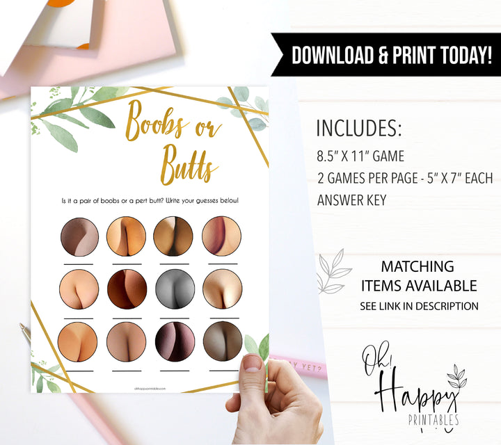 gold geometric Boobs or butts baby shower games, printable baby shower games, fun baby games, popular baby games, gold baby games