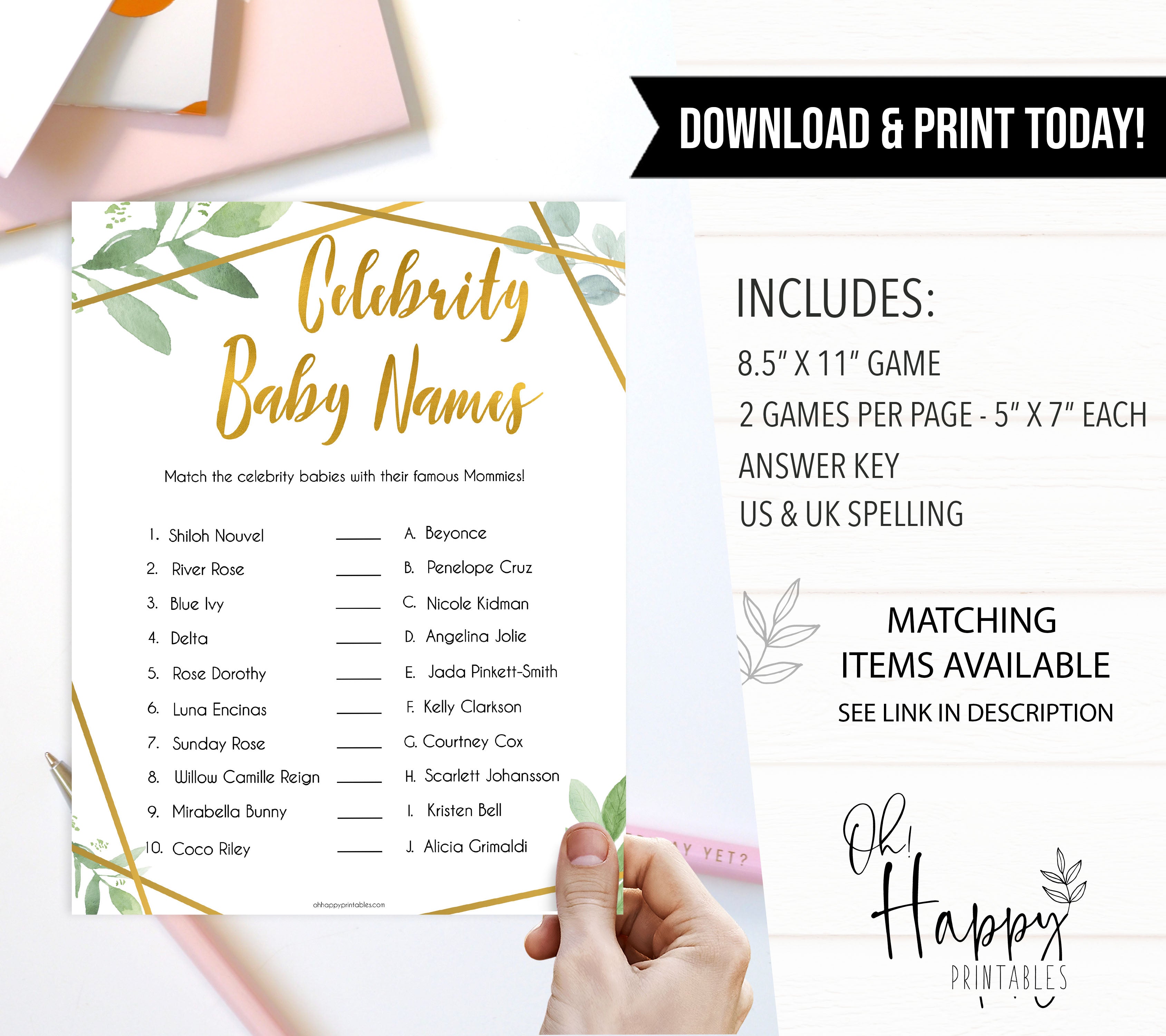 gold geometric celebrity baby names baby shower games, printable baby shower games, fun baby games, popular baby games, gold baby games