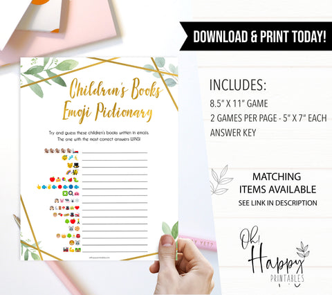 gold geometric childrens books emoji pictionary baby shower games, printable baby shower games, fun baby games, popular baby games, gold baby games