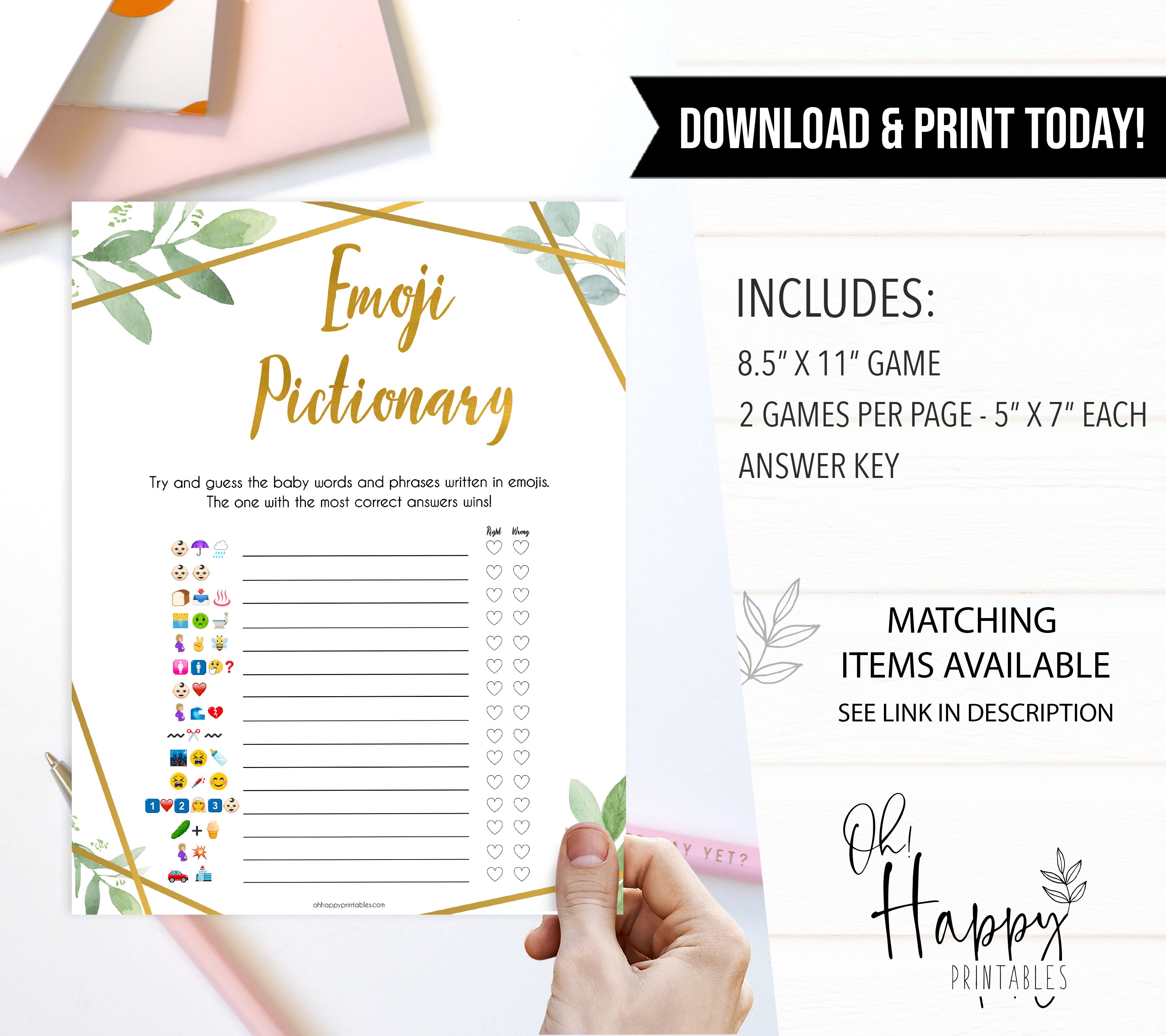 gold geometric emoji pictionary baby shower games, printable baby shower games, fun baby games, popular baby games, gold baby games
