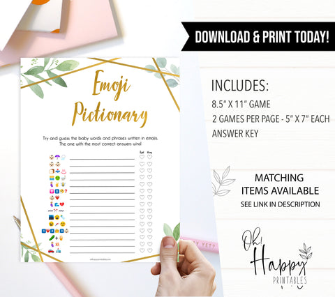 gold geometric emoji pictionary baby shower games, printable baby shower games, fun baby games, popular baby games, gold baby games