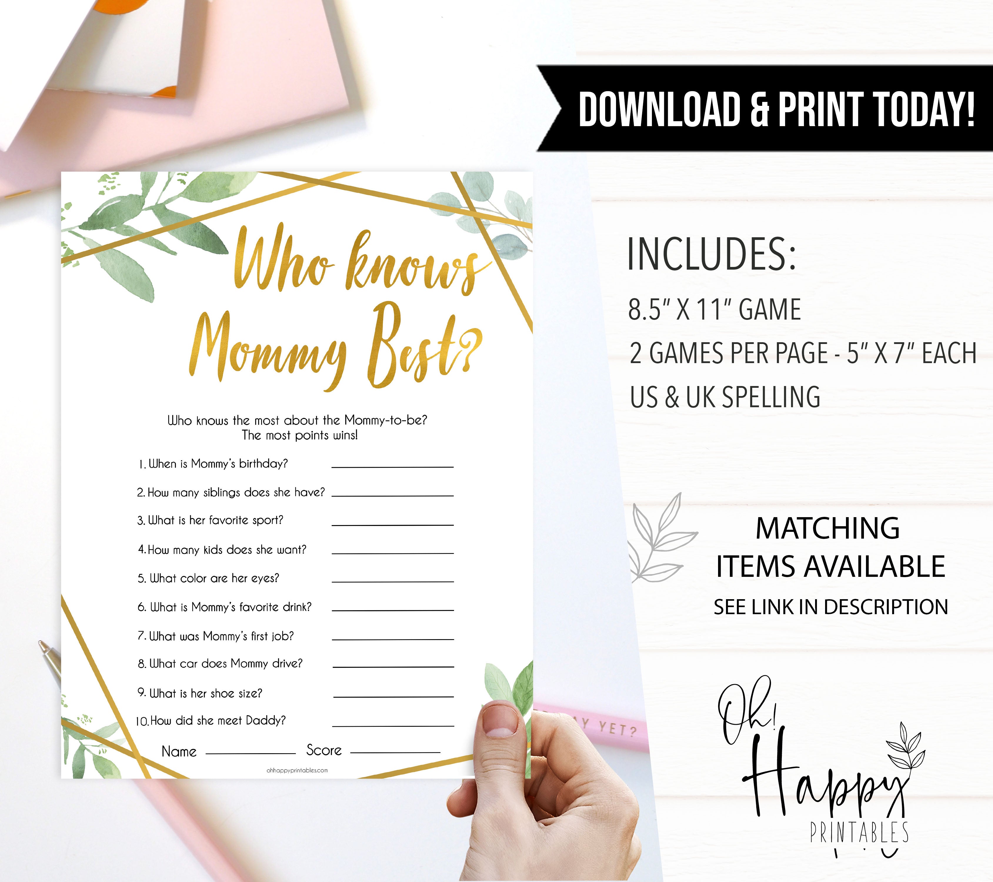 gold geometric who knows mommy best baby shower games, printable baby shower games, fun baby games, popular baby games, gold baby games
