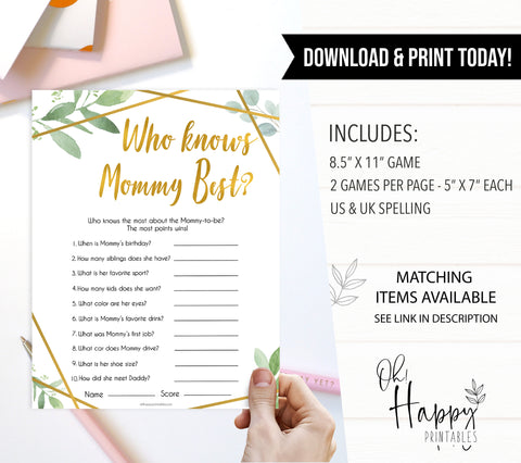 gold geometric who knows mommy best baby shower games, printable baby shower games, fun baby games, popular baby games, gold baby games