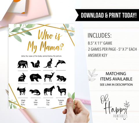 gold geometric who is my mama baby shower games, printable baby shower games, fun baby games, popular baby games, gold baby games