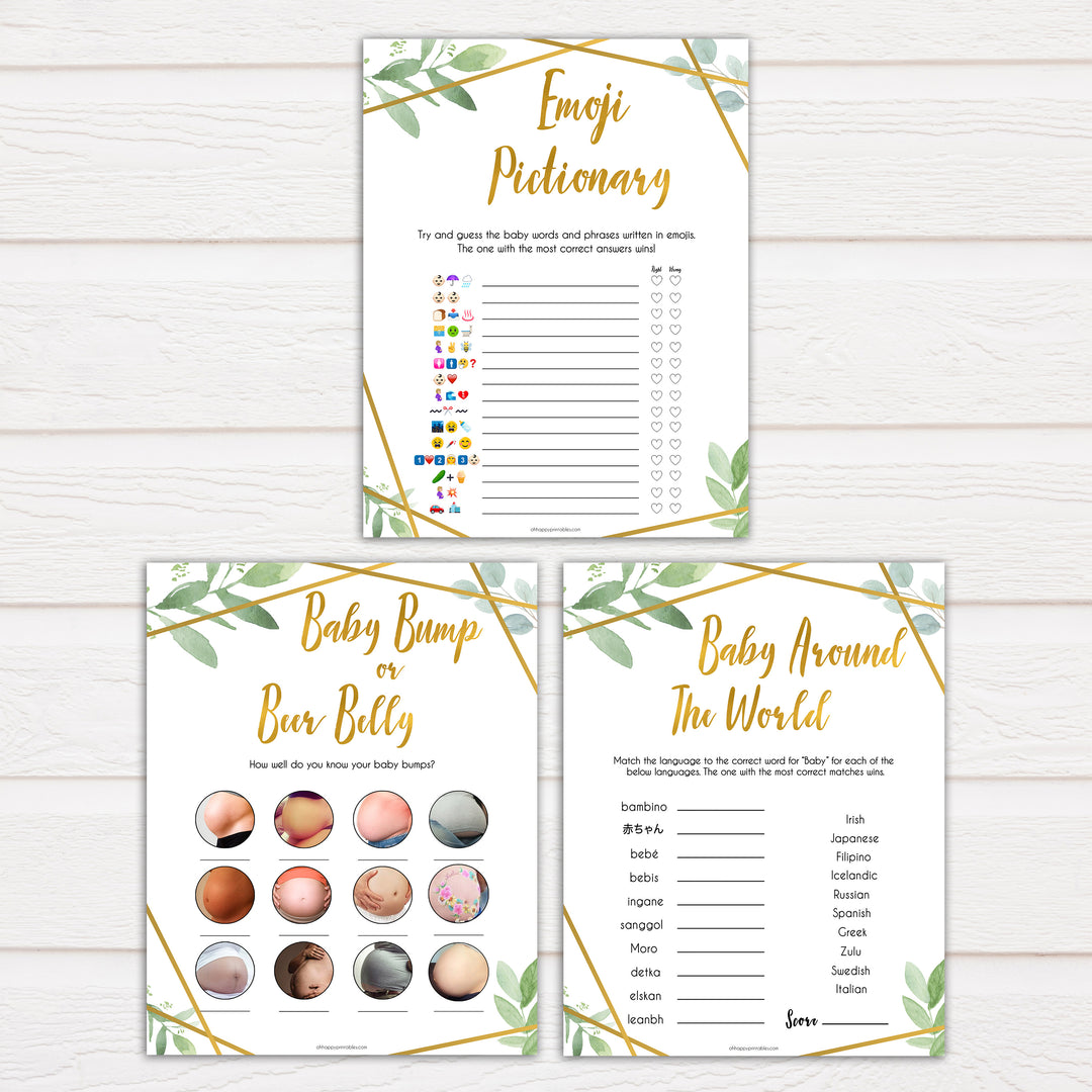 7 gold geometric baby shower games bundle, printable baby shower games, fun baby games, popular baby games, gold baby games