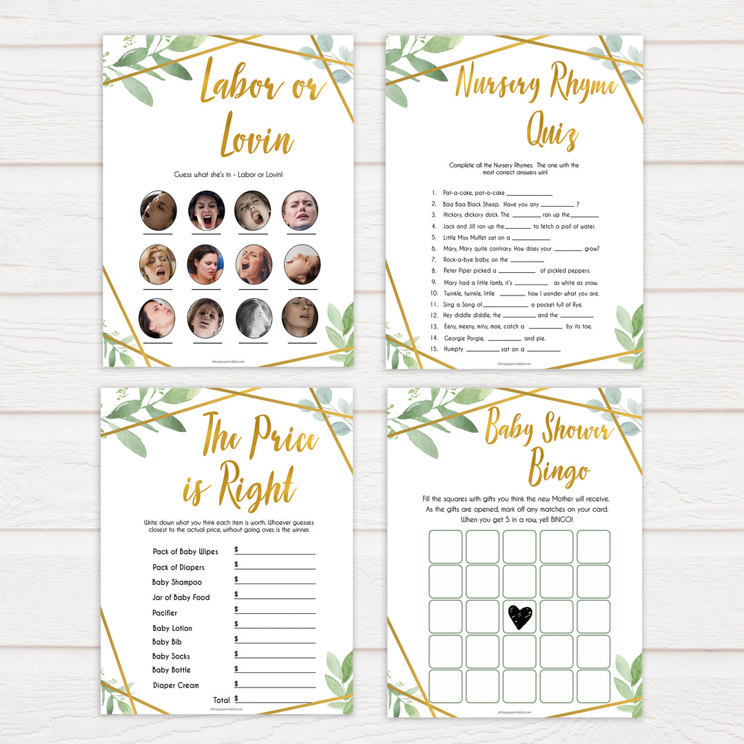 7 gold geometric baby shower games bundle, printable baby shower games, fun baby games, popular baby games, gold baby games