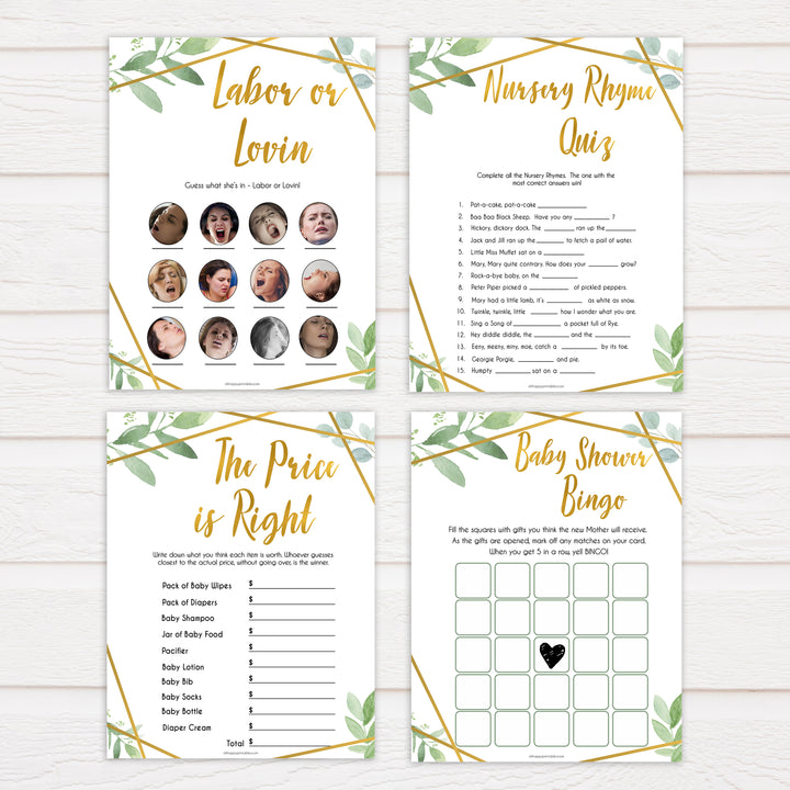 7 gold geometric baby shower games bundle, printable baby shower games, fun baby games, popular baby games, gold baby games