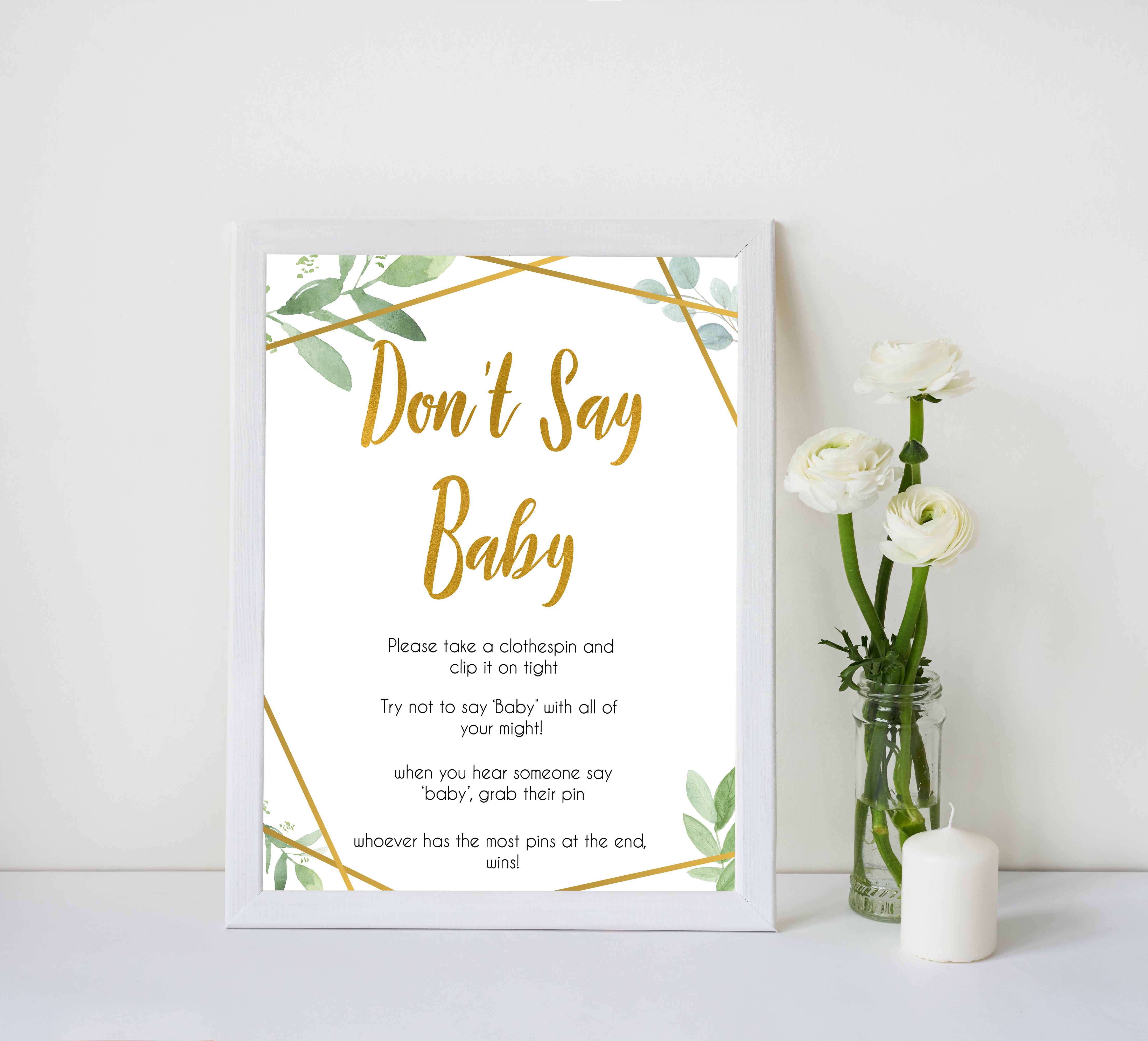 gold geometric dont say baby baby shower games, printable baby shower games, fun baby games, popular baby games, gold baby games