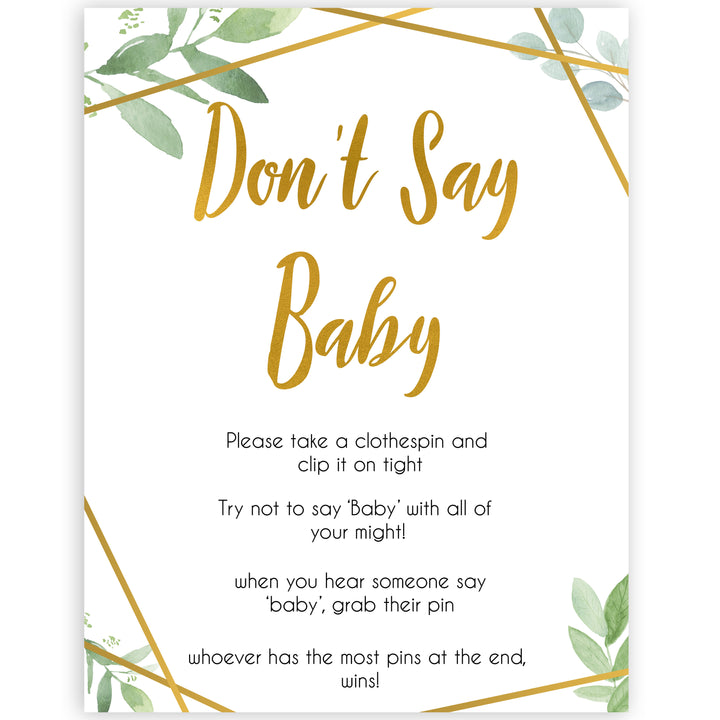 gold geometric dont say baby baby shower games, printable baby shower games, fun baby games, popular baby games, gold baby games