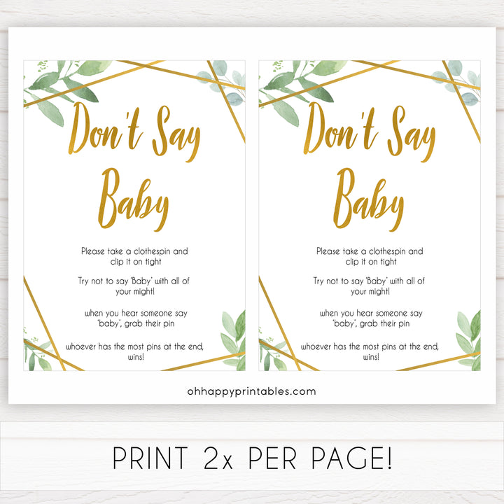 gold geometric dont say baby baby shower games, printable baby shower games, fun baby games, popular baby games, gold baby games