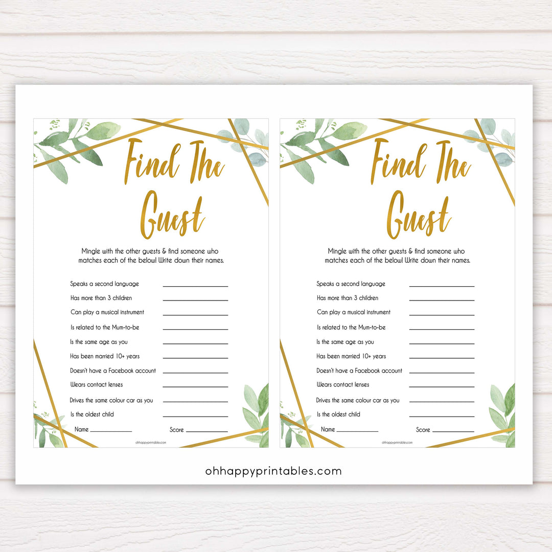 gold geometric find the guest baby shower games, printable baby shower games, fun baby games, popular baby games, gold baby games
