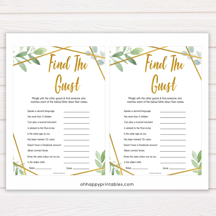 gold geometric find the guest baby shower games, printable baby shower games, fun baby games, popular baby games, gold baby games