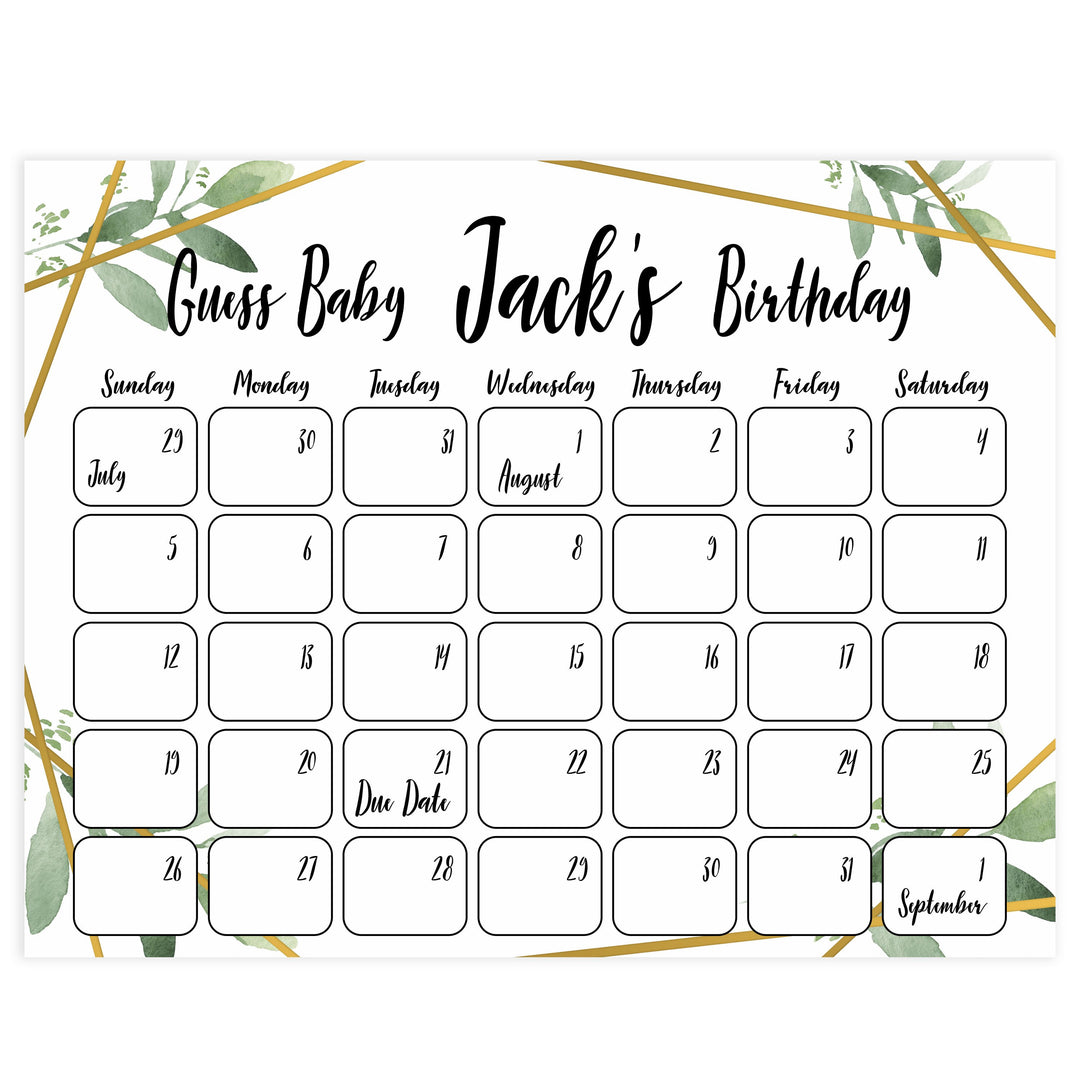 guess the baby birthday game, printable baby shower games, gold geometric baby games, greenery baby games, fun baby decor
