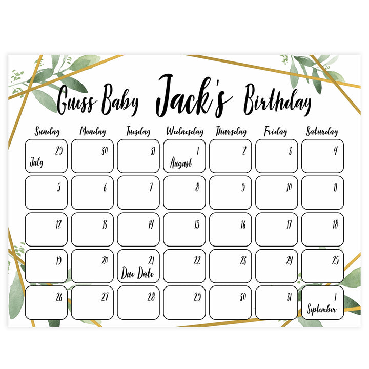 guess the baby birthday game, printable baby shower games, gold geometric baby games, greenery baby games, fun baby decor