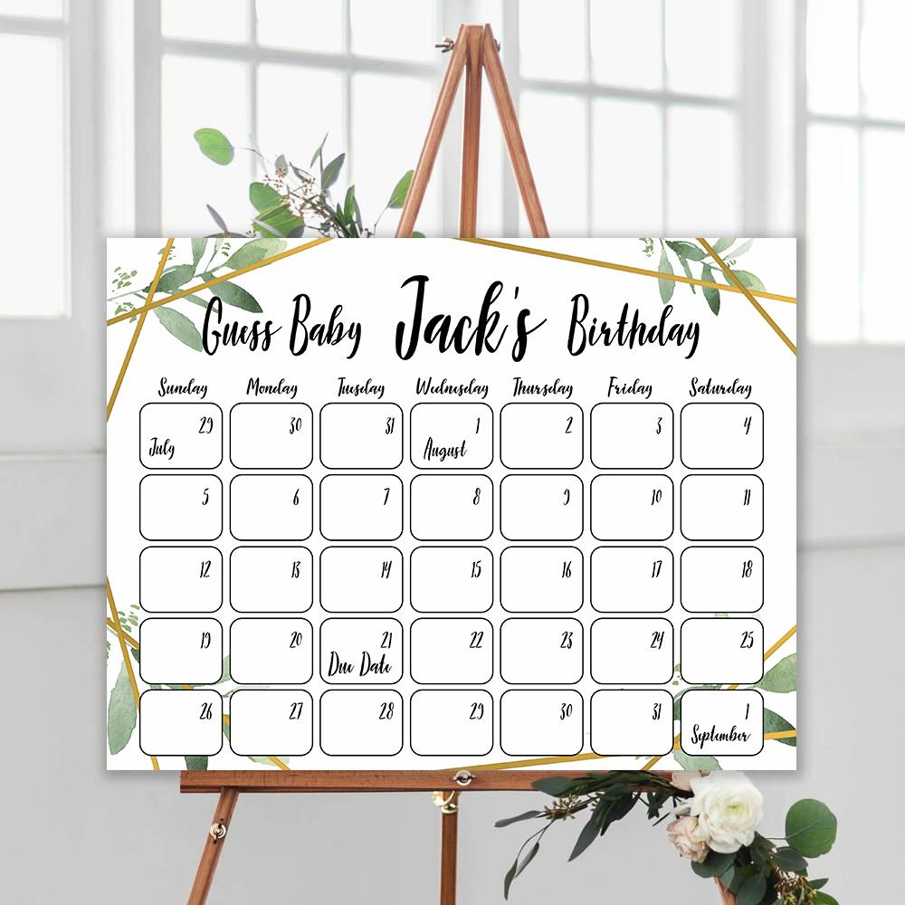 guess the baby birthday game, printable baby shower games, gold geometric baby games, greenery baby games, fun baby decor