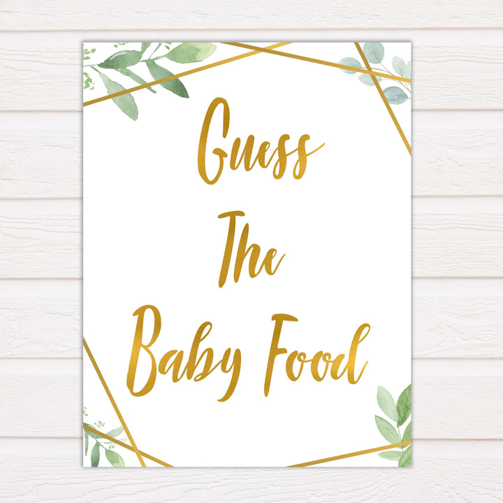 gold geometric guess the baby food baby shower games, printable baby shower games, fun baby games, popular baby games, gold baby games