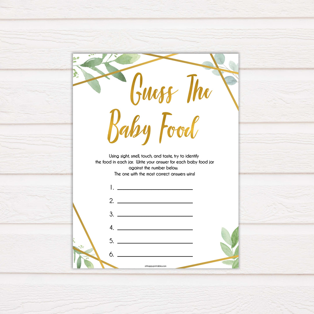 gold geometric guess the baby food baby shower games, printable baby shower games, fun baby games, popular baby games, gold baby games
