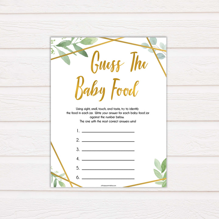 gold geometric guess the baby food baby shower games, printable baby shower games, fun baby games, popular baby games, gold baby games