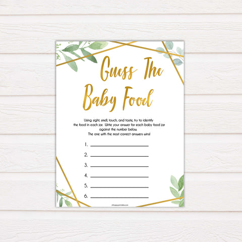 gold geometric guess the baby food baby shower games, printable baby shower games, fun baby games, popular baby games, gold baby games