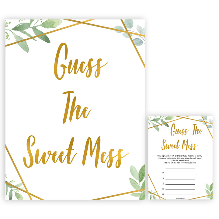 gold geometric guess the sweet mess baby shower games, printable baby shower games, fun baby games, popular baby games, gold baby games