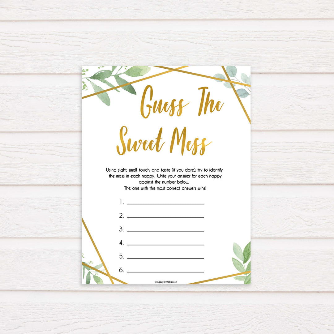 gold geometric guess the sweet mess baby shower games, printable baby shower games, fun baby games, popular baby games, gold baby games