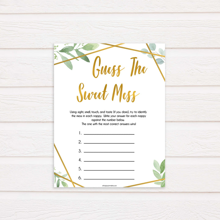 gold geometric guess the sweet mess baby shower games, printable baby shower games, fun baby games, popular baby games, gold baby games