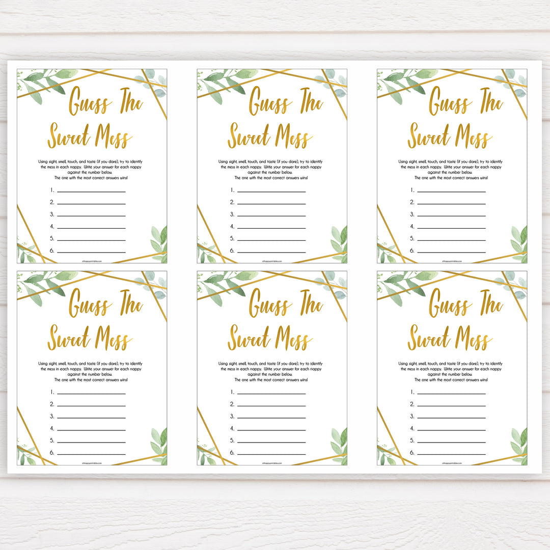 gold geometric guess the sweet mess baby shower games, printable baby shower games, fun baby games, popular baby games, gold baby games