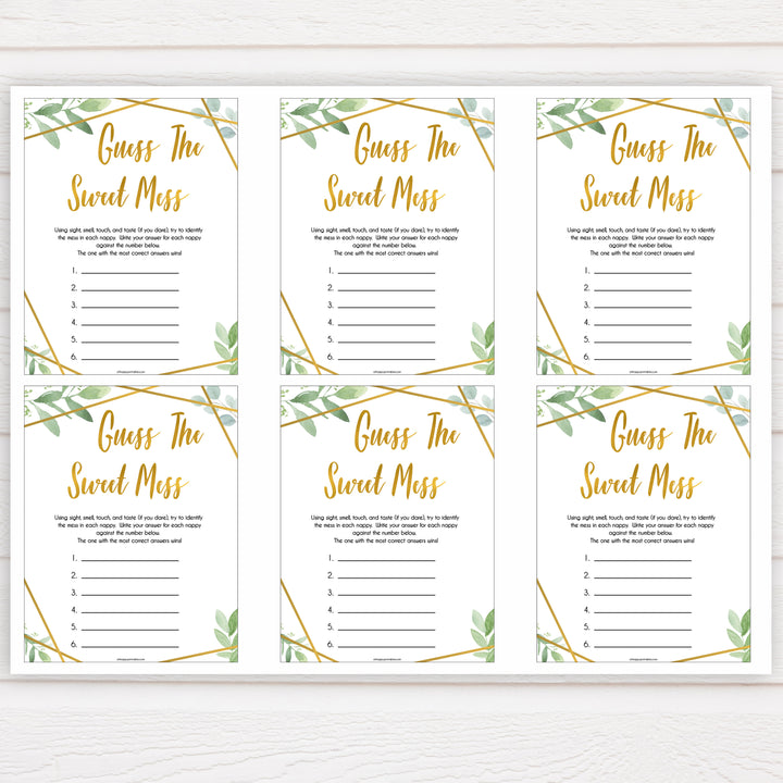 gold geometric guess the sweet mess baby shower games, printable baby shower games, fun baby games, popular baby games, gold baby games
