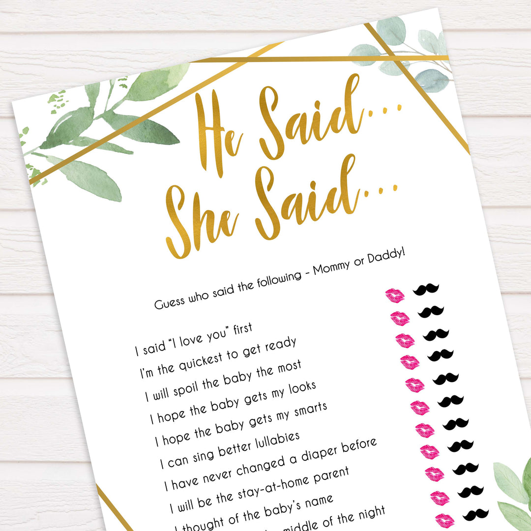 gold geometric he said she said baby shower games, printable baby shower games, fun baby games, popular baby games, gold baby games