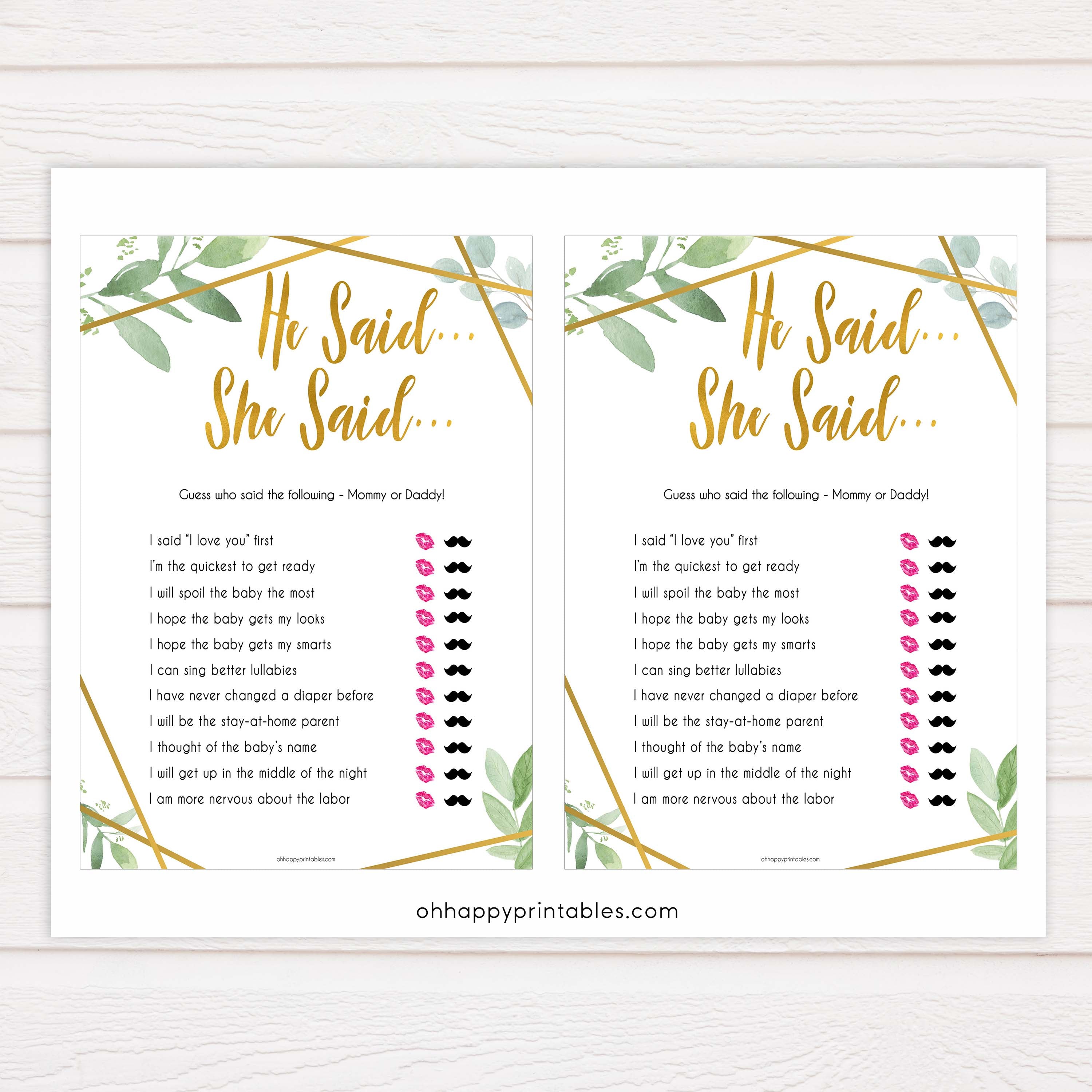gold geometric he said she said baby shower games, printable baby shower games, fun baby games, popular baby games, gold baby games