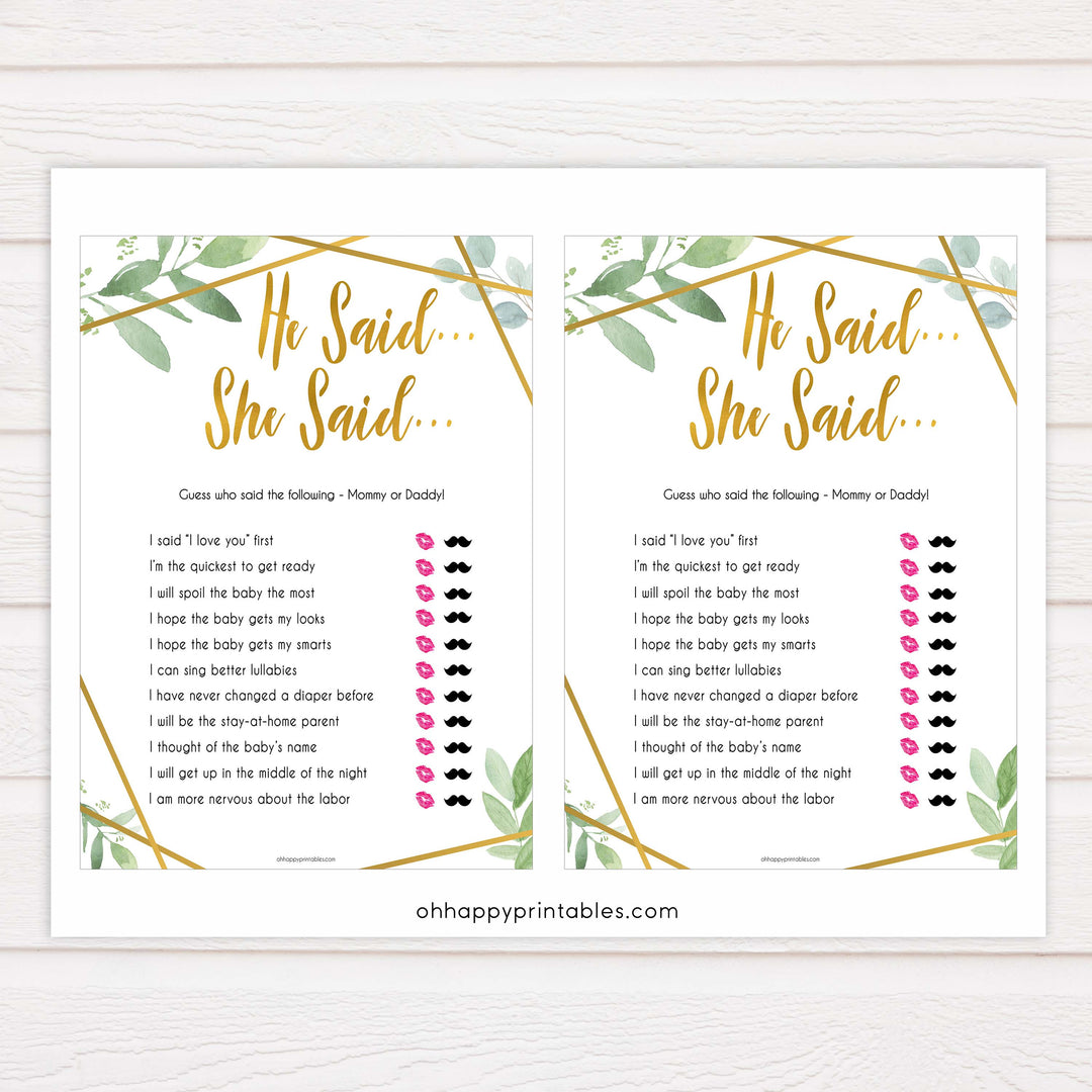 gold geometric he said she said baby shower games, printable baby shower games, fun baby games, popular baby games, gold baby games