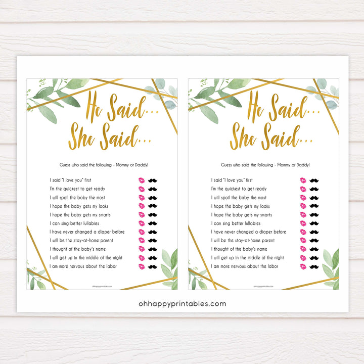 gold geometric he said she said baby shower games, printable baby shower games, fun baby games, popular baby games, gold baby games