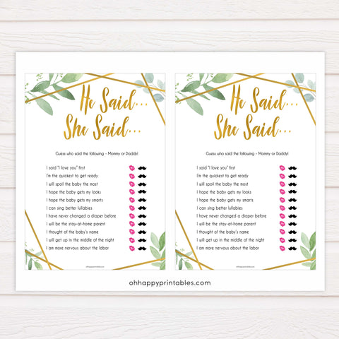 gold geometric he said she said baby shower games, printable baby shower games, fun baby games, popular baby games, gold baby games