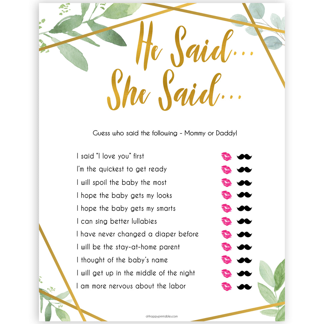 gold geometric he said she said baby shower games, printable baby shower games, fun baby games, popular baby games, gold baby games
