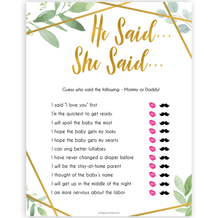 gold geometric he said she said baby shower games, printable baby shower games, fun baby games, popular baby games, gold baby games