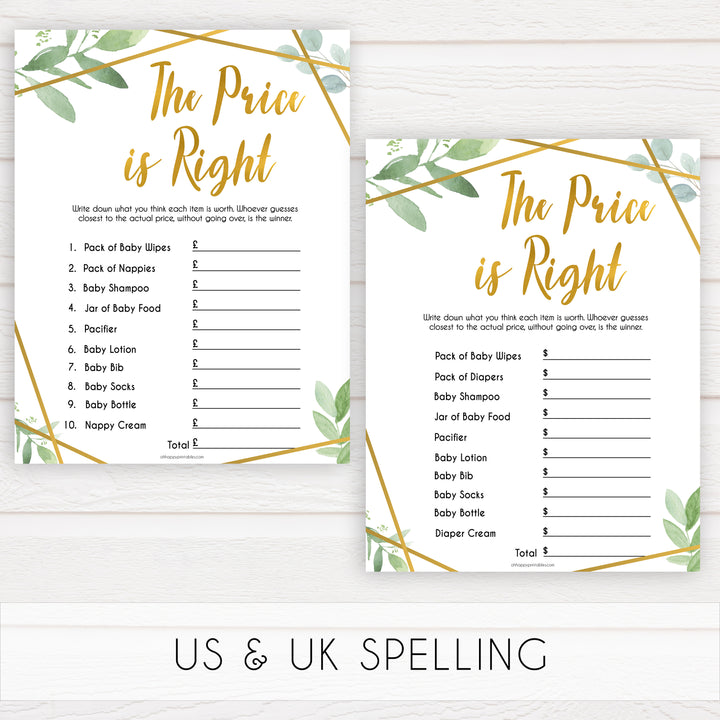 gold geometric the price is right baby shower games, printable baby shower games, fun baby games, popular baby games, gold baby games