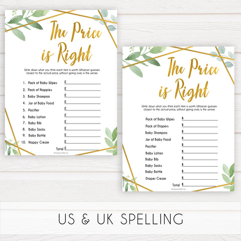 gold geometric the price is right baby shower games, printable baby shower games, fun baby games, popular baby games, gold baby games