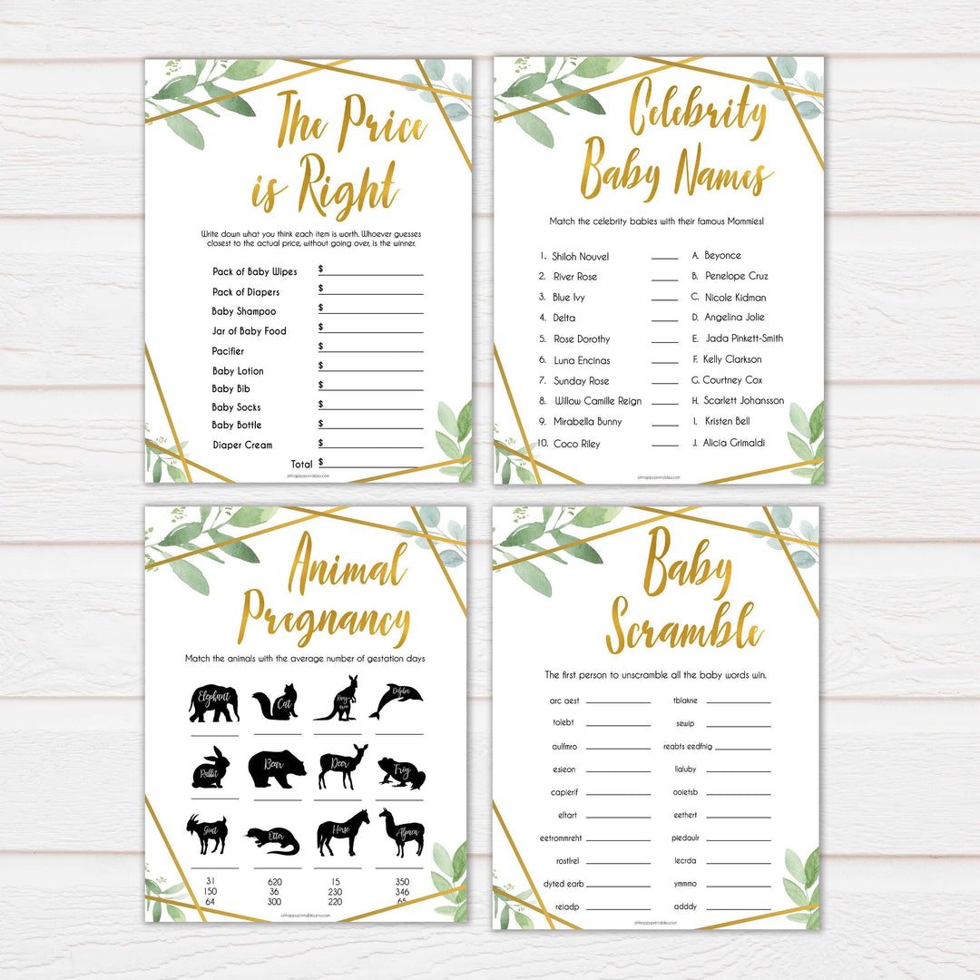 10 gold geometric baby shower games, printable baby shower games, fun baby games, popular baby games, gold baby games