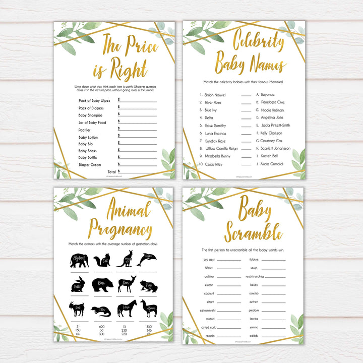 10 gold geometric baby shower games, printable baby shower games, fun baby games, popular baby games, gold baby games