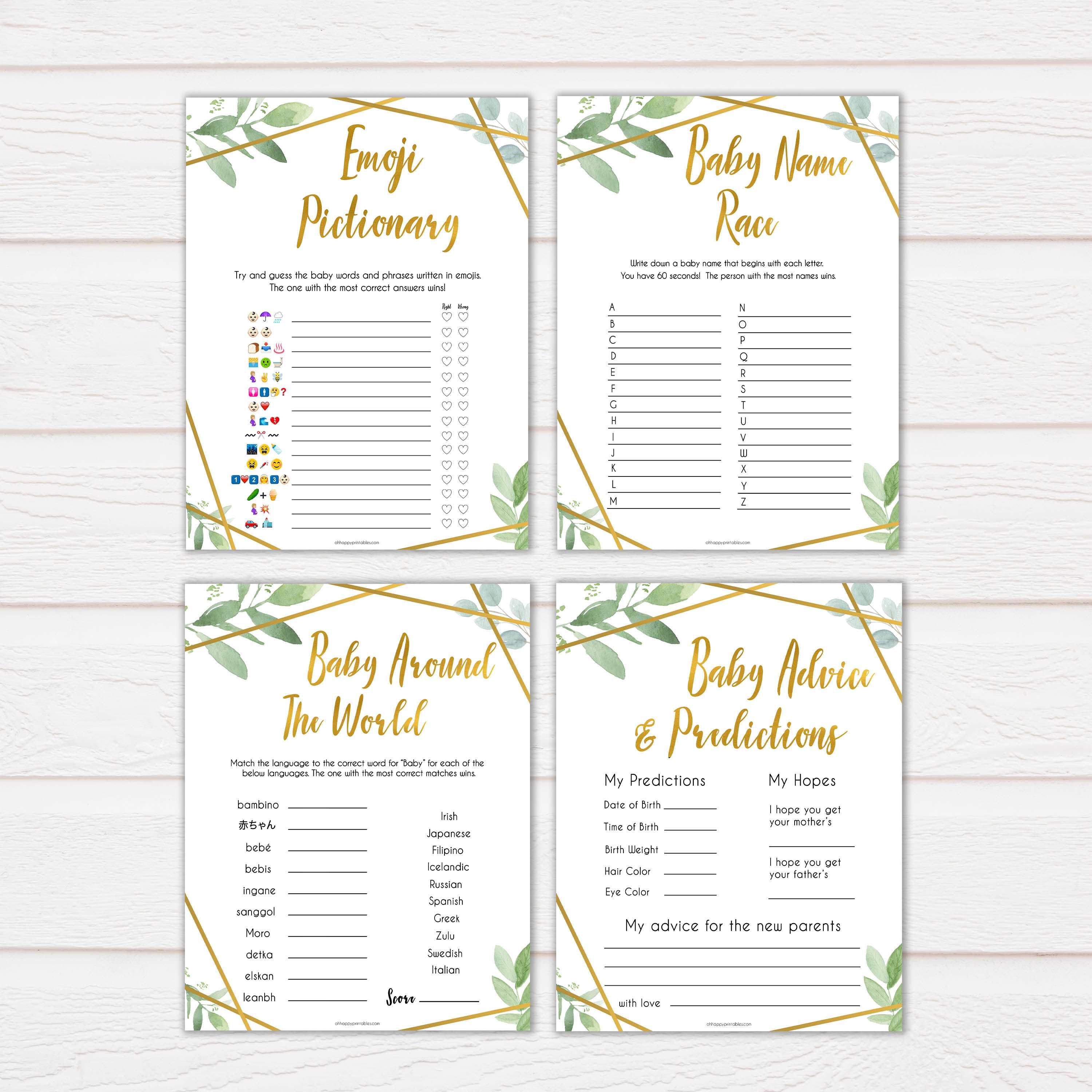 10 gold geometric baby shower games, printable baby shower games, fun baby games, popular baby games, gold baby games