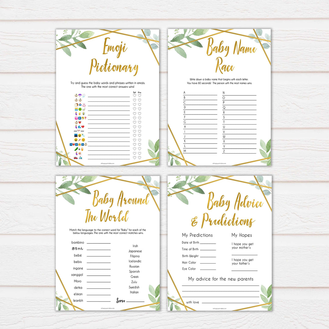 10 gold geometric baby shower games, printable baby shower games, fun baby games, popular baby games, gold baby games