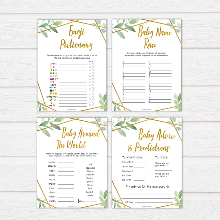 10 gold geometric baby shower games, printable baby shower games, fun baby games, popular baby games, gold baby games
