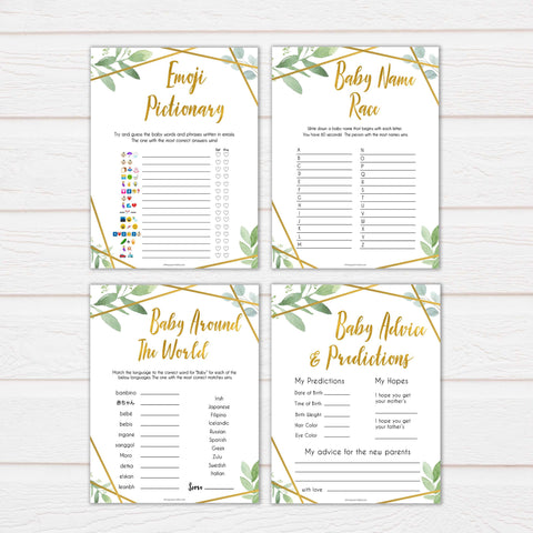 10 gold geometric baby shower games, printable baby shower games, fun baby games, popular baby games, gold baby games